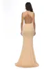 High Neck Mermaid Satin-chiffon Backless Bridesmaid Dress Split Front Court Train Formal Dresses