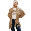 Suéteres femininos Shi Ying Khaki Tassel Cardigan de malha suéter outono e inverno comprimento médio casaco de manga comprida 271755