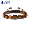 Corrente Ailatu Pulseira Masculina Natural Olho de Tigre Preto Onyx Sqaure Stone Beads Stingray Genuíno Couro Ajustável Pulseiras Macrame 231130