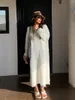 Casual Dresses Loose Imitation Mink Sticked Long Dress Women's Chic High Quality Solid Thick Warm O-Neck Full Sleeve Wool 2023