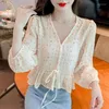 Blusas femininas floral impresso rendas até doce kawaii camisa verão na moda babados decote em v blusa fina casual chique curto topos femininos