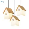 Pendant Lamps Nordic Creative Glass Small House Shape Lights For Living Room Children Bedroom Home Decor Wooden Hanging Lamp Led E14