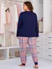 Kvinnors sömnkläder plus storlek Kvinnor Pyjama Ställ långärmad Scroop Neck Top Tee Plaid Pants 2 stycken Kvinnlig kausal hemkläder nattkläder