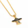 Pendant Necklaces Creative Spaceship UFO Enamel Shine Light Beam Crystal Necklace Gold Color Long Chain For Man Women Collar Jewelry Gifts