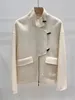 Kurtki damskie białe lub czarne kobiety wełniane płaszcz stojak na kołnierz mody w wielkim rękawie duże kieszenie Krótki kurtka 2023 wcześnie
