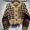 Pulls pour femmes Femmes Contraste Couleur Plaid Pull tricoté Début de l'automne 2023 Dames O-Cou à manches longues Cardigan en laine à poitrine unique