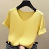 Women's T Shirts Summer Thin Ice Silk Plus Size Shirt Tops V Neck Short Sleeve Solid All-match Pullovers Street Casual Fashion Women