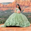 Green Floral Crystal Sequined Off The Shoulder Quinceanera Dresses Sweetheart 3D Flowers Ball Gowns Ruffles Corset Sweet 15 Vestidos De Anos YD