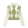 Women's Knits 2023 Argyle Cardigan Woman Green Cropped Cardigans For Women Knitted Short Sweaters Long Sleeve