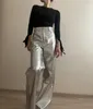 Kobiety Pants Metallic prosta noga Pu seksowne błyszczące spodnie wysokiej talii Streetwear Clubwear Costume 2023 Wiosna jesień 231201