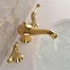 Badezimmer-Waschtischarmaturen Tuqiu Basin Total Brass Weit verbreiteter Wasserhahn Gold 3-Loch und kalter Wasserfall-Wasserhahn