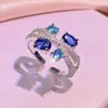Ensemble collier et boucles d'oreilles pour femmes, bijoux géométriques en Zircon bleu, bague réglable, Simple, mariage, mariée