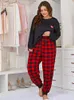 Kvinnors sömnkläder plus storlek Kvinnor Pyjama Ställ långärmad Scroop Neck Top Tee Plaid Pants 2 stycken Kvinnlig kausal hemkläder nattkläder