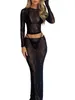 Work Dresses Lace Floral Sheer Mesh 2 Piece Set Long Sleeve Crop Top High Waist Midi Skirt Suits Y2K Outifts Streetwear Party Beachwear