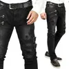 Jeans masculinos em linha reta homens moda magro rasgado buraco com bolso zip streetwear preto casual bonito denim calças
