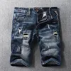 Jeans da uomo Stilista estivo Uomo Retro Nero Blu Ricamo elastico Strappato Corto Homme Pantaloncini di jeans casual vintage