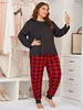 Kvinnors sömnkläder plus storlek Kvinnor Pyjama Ställ långärmad Scroop Neck Top Tee Plaid Pants 2 stycken Kvinnlig kausal hemkläder nattkläder