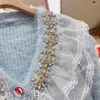 Kobiety dla kobiet wiosna jesień kobiety naśladowanie norki kaszmirowa krótka dzianina kurtka kardigan perłowa z koralikami diamentowymi koronkowymi szwami Sweter z dzianiny