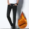 Mäns jeans män solid färg plysch smal full längd vinter byxor baggy jogger hip hop streetwear manliga kläder