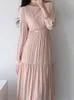 Vestidos casuais sólido rosa coreano para mulheres roupas elegante outono 2023 primavera manga longa mulher vestido plissado feminino maxi vestido