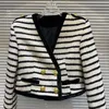 Women's Jackets PREPOMP 2023 Winter Arrival Black White Striped Velvet V Neck Double Breasted Buttons Tweed Short Jacket Women GM542