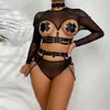 Sexy Kostüm JSY Sexy Porno-Body Damen-Unterwäsche, schwarzer Spitzen-Body, ausgehöhlter Gürtel, Bondage-Teddies, erotische Dessous, Porno-Kostüme