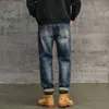 Hiphop för män harem denim byxor sträcker mörkblå lösa baggy byxor nya jeans kpops kläder tjocka