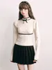Pulls pour femmes Adagirl Vintage Bow Contraste Pull en tricot Kawaii Puff Sleeve Slim Pulls pour femmes Mode coréenne Argyle Half High