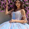 Luxury Sky Shiny Sweetheart Ball Gown Quinceanera Dress For Girls Applques Lace Beads Birthday Party Gowns Prom Dresses Lace Up