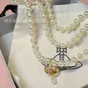 Designer Channel Empress Dowager Vivienne Vivienne's Three-dimensional Saturn Three-layer Pearl Necklace High Version Water Droplet Pendant Collarbone Chain