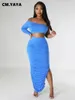 Work Dresses CM. Women Stacked Ruched Side Split Maxi Bodycon Midi Skirts Set And One Shoulder Crop Top Two 2 Piece Dress Outfits