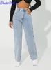 Jeans femininos denimcolab cintura alta perna reta jeans mulher estilo simples casual algodão denim calças senhoras soltas streetwear jeans 231130