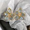 Dangle Earrings Brass With 18K Gold Crystal Flower Drop Women Jewelry Punk Party Sweety Gown Runway Boho Korean Japan