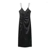 Casual Dresses Black Slip Dress Woman Sleeveless Satin Long For Women Ruched Slit Midi Backless Sexy Night Evening