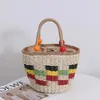 Bolsas de noche Lindas cuentas de madera Bolsa de paja de mano Pequeño Color fresco Tela escocesa tejida Cesta de picnic de frutas hechas a mano