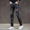 Män svart stretch rippade jeans hip hop lapptäcke smala fit denim byxor motocycle s byxor high street nödställda