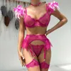 Costume sexy JSY Sexy soutien-gorge et culotte Lingerie plume dentelle femmes ensemble de sous-vêtements Transparent érotique bref ensembles jarretières intimes Costumes