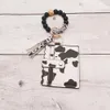 Houten kwastje kralenketting armband met ID-kaart bedrukte tas sleutelhanger siliconen kralen armbanden dames meisje sleutelhanger ketting polsband hanger leer feestcadeaus