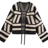 여자 니트 2024 여성 캐주얼 짧은 느슨한 패턴 가디건 뜨개질 스웨터 재킷