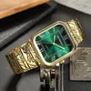 Montres-bracelets Hommes de luxe Montre Vintage Or Vert Cadran Hommes Quartz Montre-Bracelet Gravure Bande Mâle Reloj Rectangle Chiffres Romains Homme Horloge