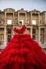 Elegant Red Tiered Ball Gown Evening Dresses One Shoulder Women Prom Dress Tulle Puffy Ruffles Birthday Party Gowns