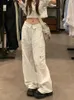 Women's Jeans White Cargo Pants Women Big Pocket High Street Straight Vintage Wide Leg Autumn 2023 Casual Streetwear Lady Clothes