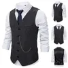 Men's Vests Single-breasted Waistcoat Men Vest Slim Fit V Neck Business With Chain Decor Anti-wrinkle Patch