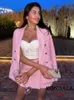 Платье из двух частей KONDALA, винтажный шикарный розовый пиджак, костюм, женская мода 2023, осень-зима, длинный пиджак большого размера, шорты с высокой талией, юбка, элегантный комплект 231201