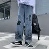 Men's Pants Autumn Korean American retro cartoon graffiti print jeans men and women trendy streetwear hip hop leg pants Q231201