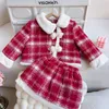 Dame stijl Meisjes plaid wollen kleding sets Kerst kinderen pluche revers gesp lange mouwen uitloper rok 2 stuks winter kinderen dikker prinses outfits Z5695