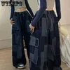 Women's Jeans Vintage Baggy Jeans Woman Japanese Chic Wide Leg Pants Vintage Patchwork Plaid Pocket Trouser Streetwear Y2k Clothes Full Lengthzln231201