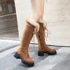 Boots enmayer fretwork Heels Velvet Zip فوق شتاء الركبة جولة إصبع القدم فرو ميد النساء الصلبة أحذية صفراء عالية 231201