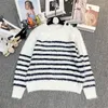 Blusas femininas mohair listras elegante malha jumper solto manga longa o pescoço pulôveres femininos topos roupas de marca 2023 outono inverno