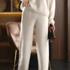 Zweiteilige Damen-Hose, Winter-Kaschmir-Set, lockerer Polo-Pullover, warm, lässig, weites Bein, gestrickt, 100 % reine Baumwolle 231201